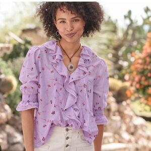Sundance XS Beatrice Ruffle Floral Print Lavender V Neck 3/4 Sleeve Blouse Top